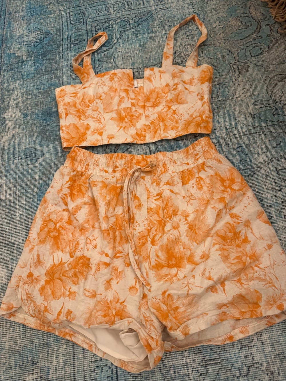 Vici Acoa Orange Floral Toile Two-Piece Crop Top & Shorts Set